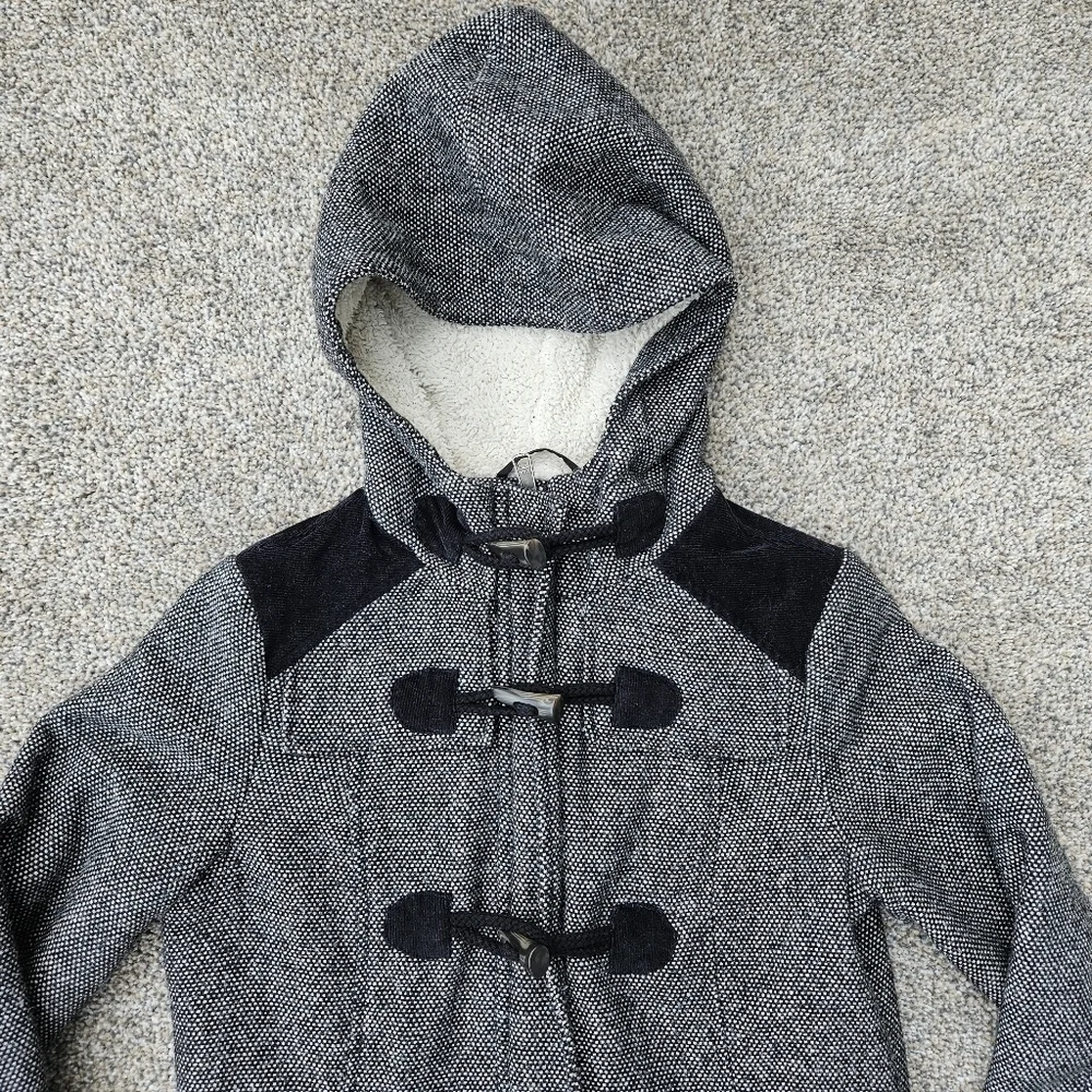 Prana Megan Black Tweed Duffle Wool Blend Jacket Sherpa Hood Toggle Womens XS